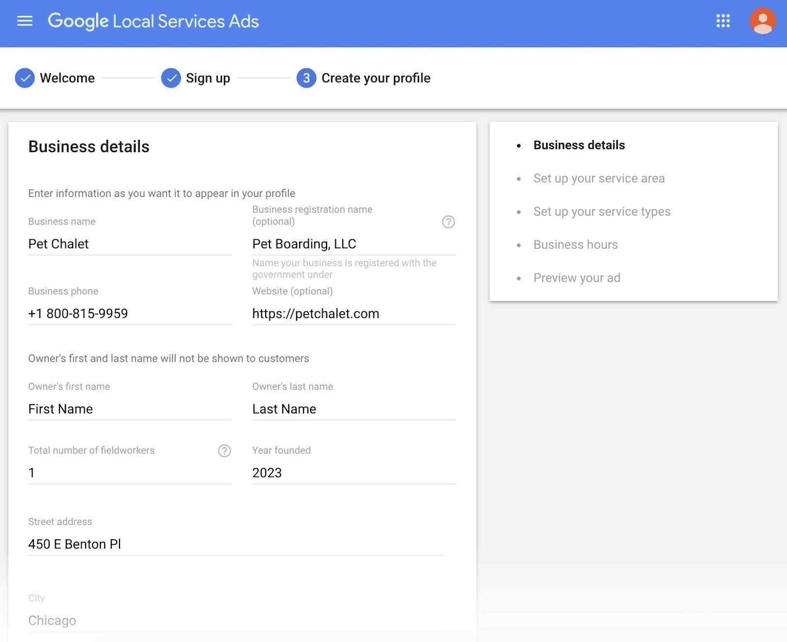 Business details in Google Local Services Ads