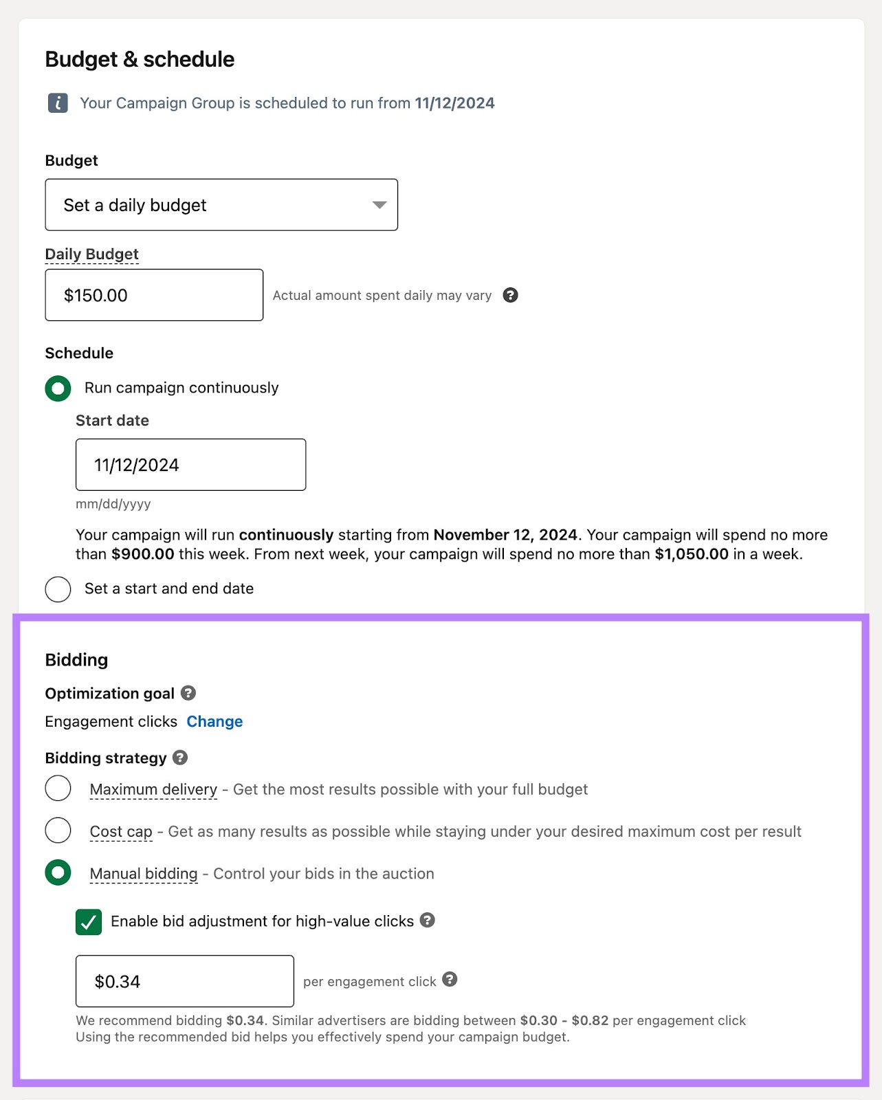 Bidding settings on LinkedIn Campaign Manager with "Manual bidding" selected and "$0.34" entered as the bid.