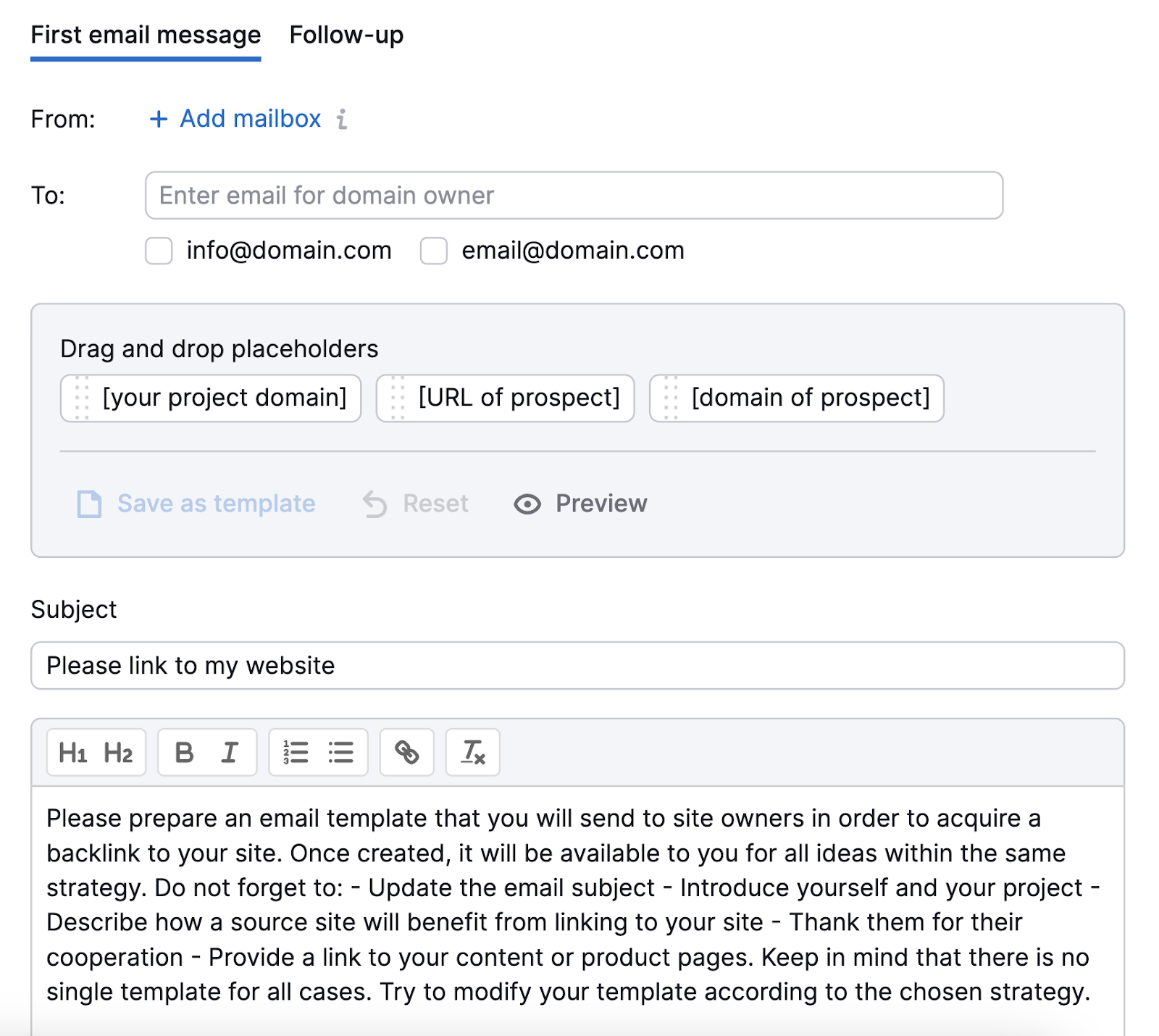 An email builder opened successful  Link Building Tool
