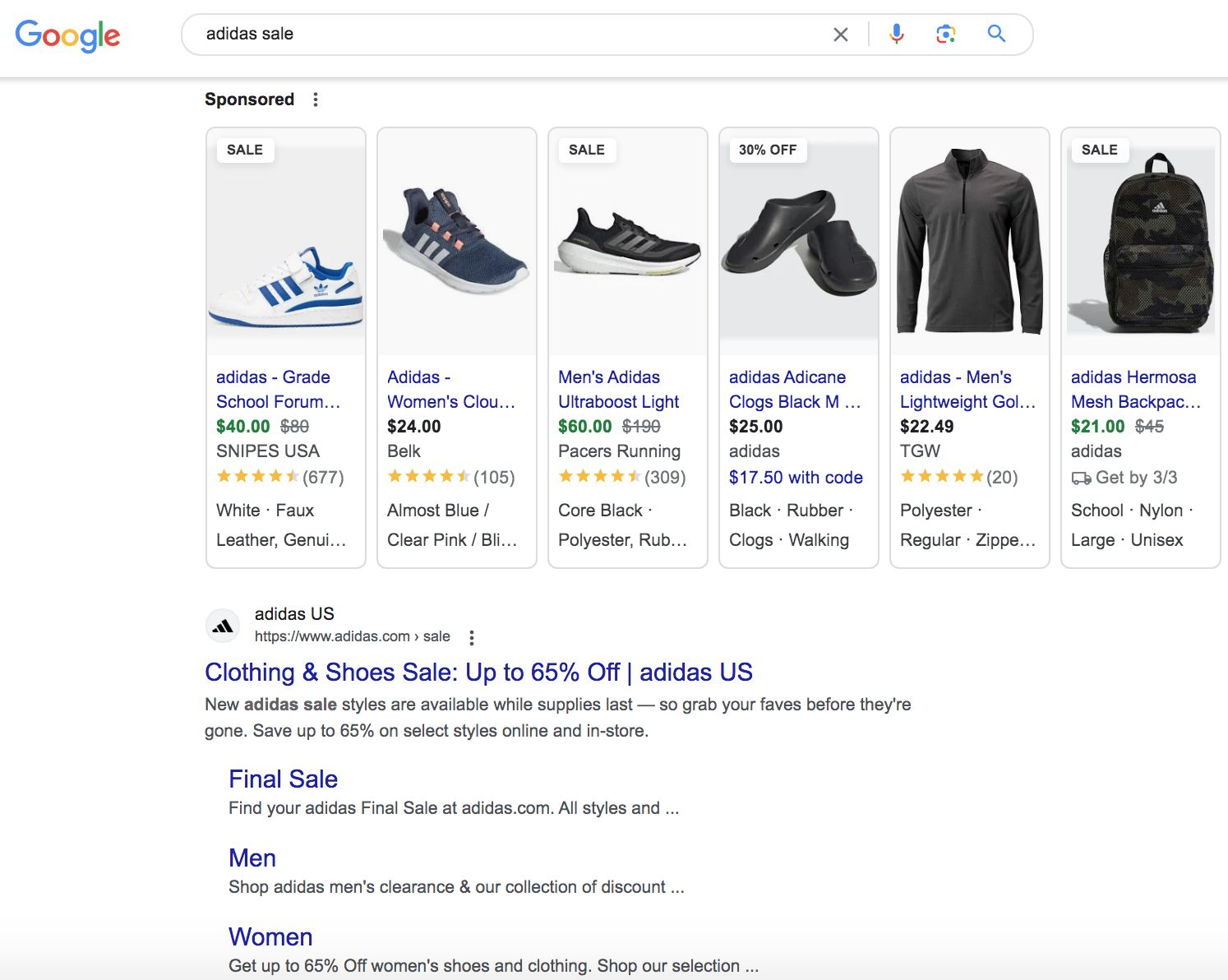 Top of Google's SERP for "adidas" sale query features PLA ads and Adidas' website