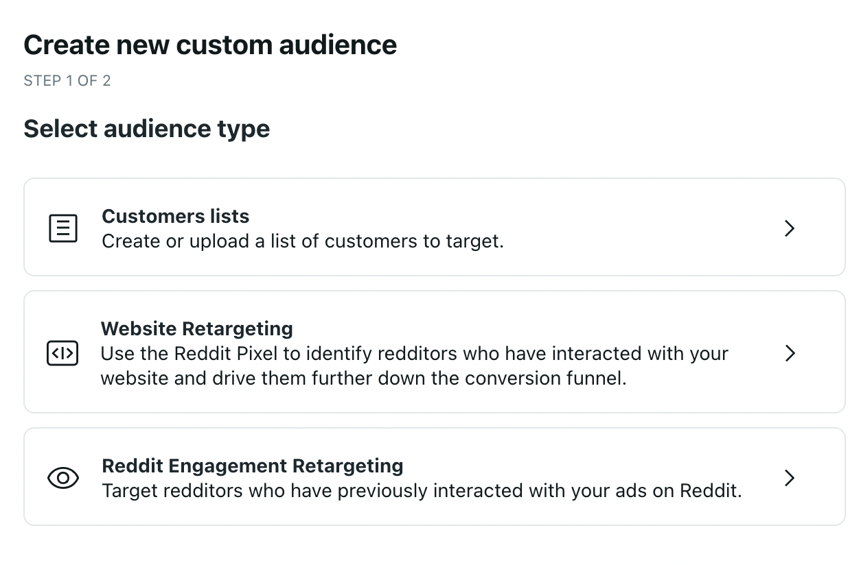 "Create new custom audience" window in Reddit Ads
