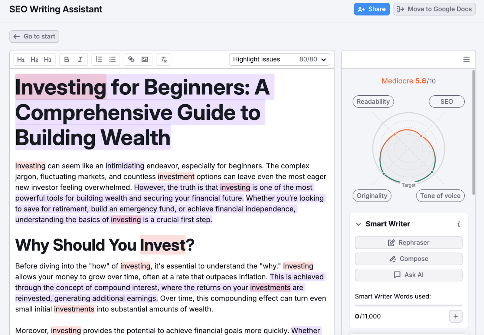 "investing for beginners" blog post added to SEO writing assistant has a score of 5.6 out of 10