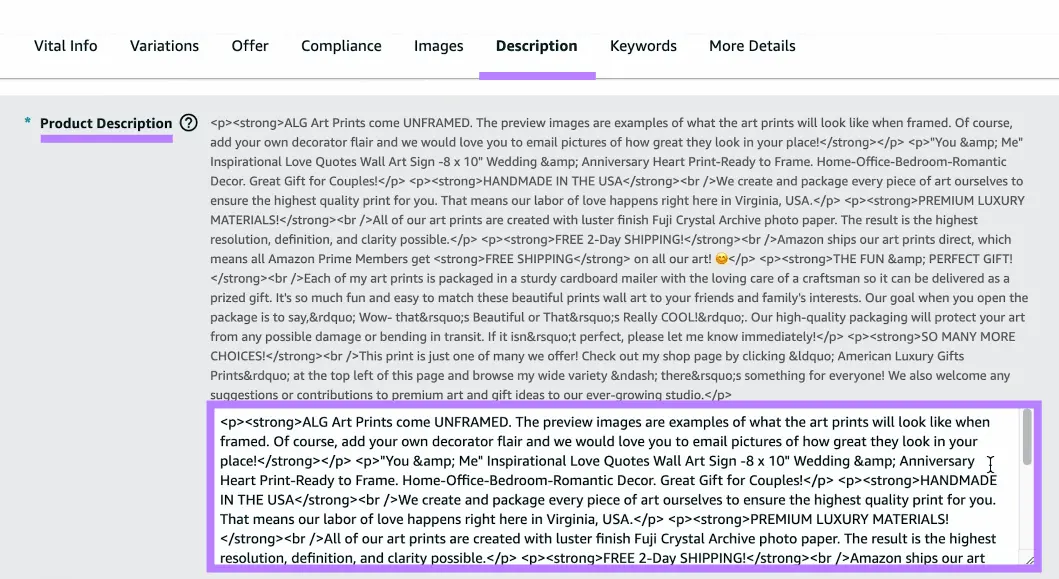“Product Description” field in Amazon Seller Central
