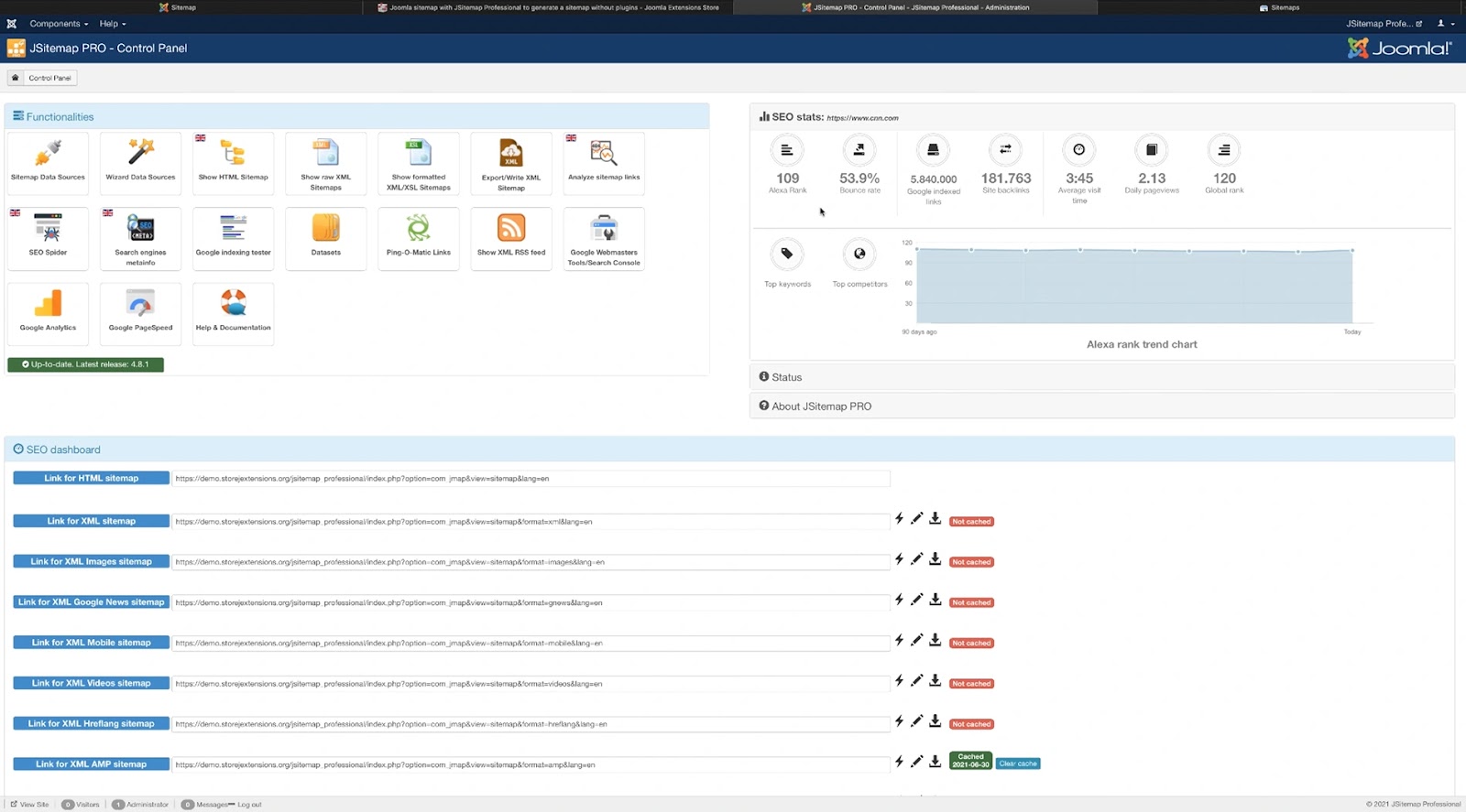 "JSitemap PRO - Control panel" in Joomla