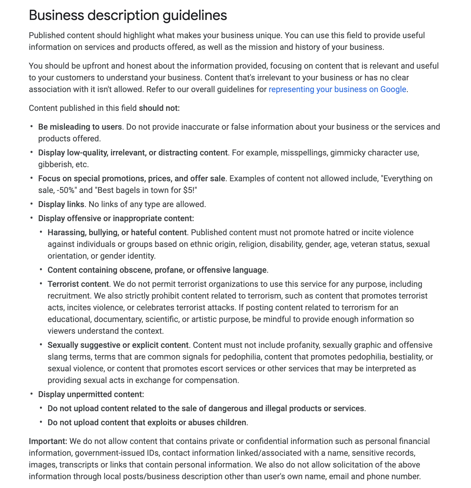 GMB description guidelines for businesses