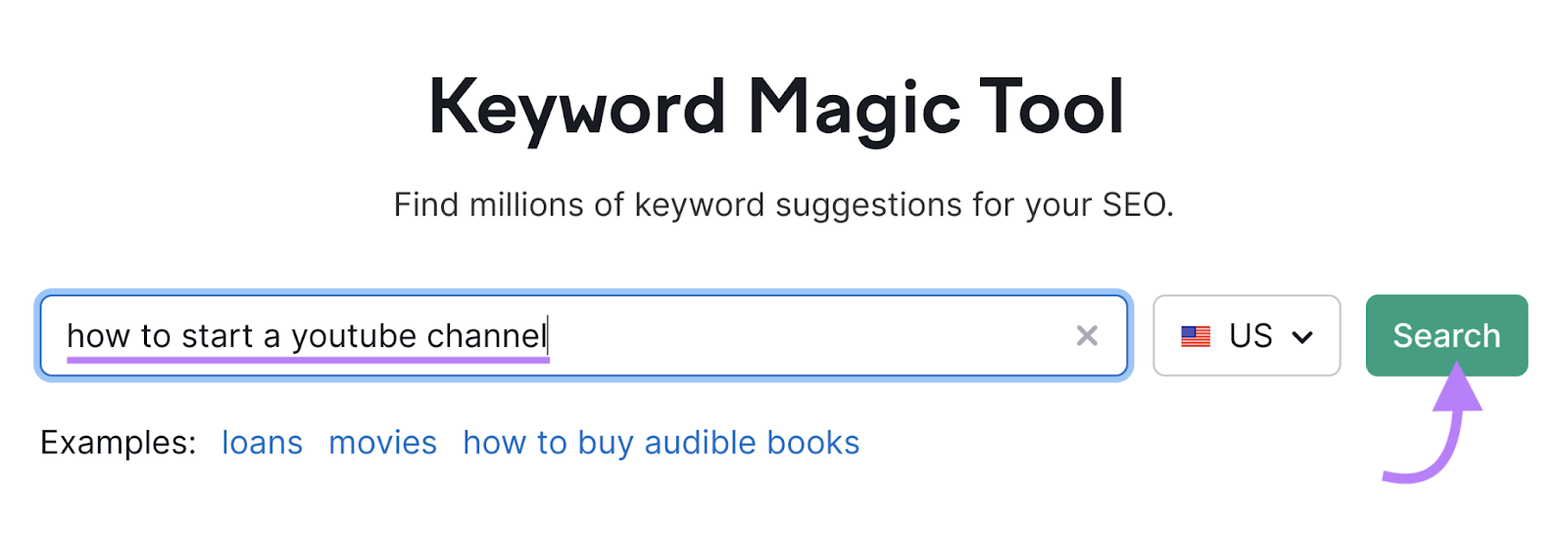 "how to start a youtube channel" entered in Keyword Magic tool search bar