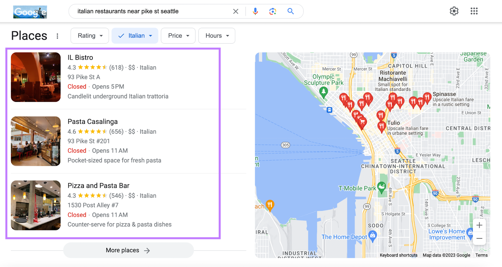 Google local pack results for “italian restaurant near pike st seattle” 