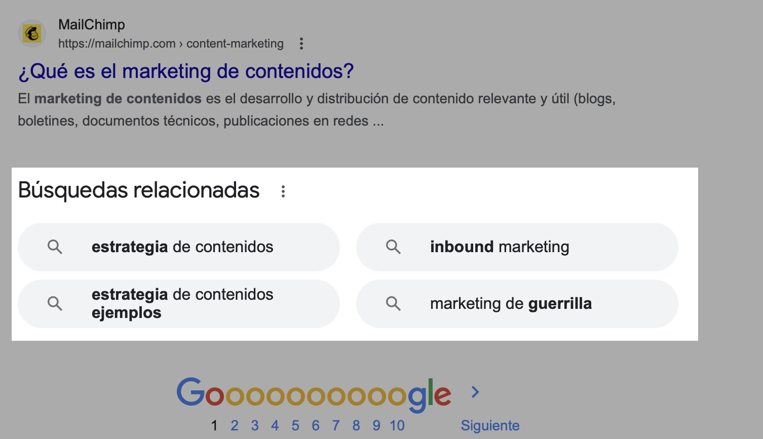 Google te proporciona una lista de palabras clave relacionadas en la parte inferior de la primera página de los resultados de búsqueda