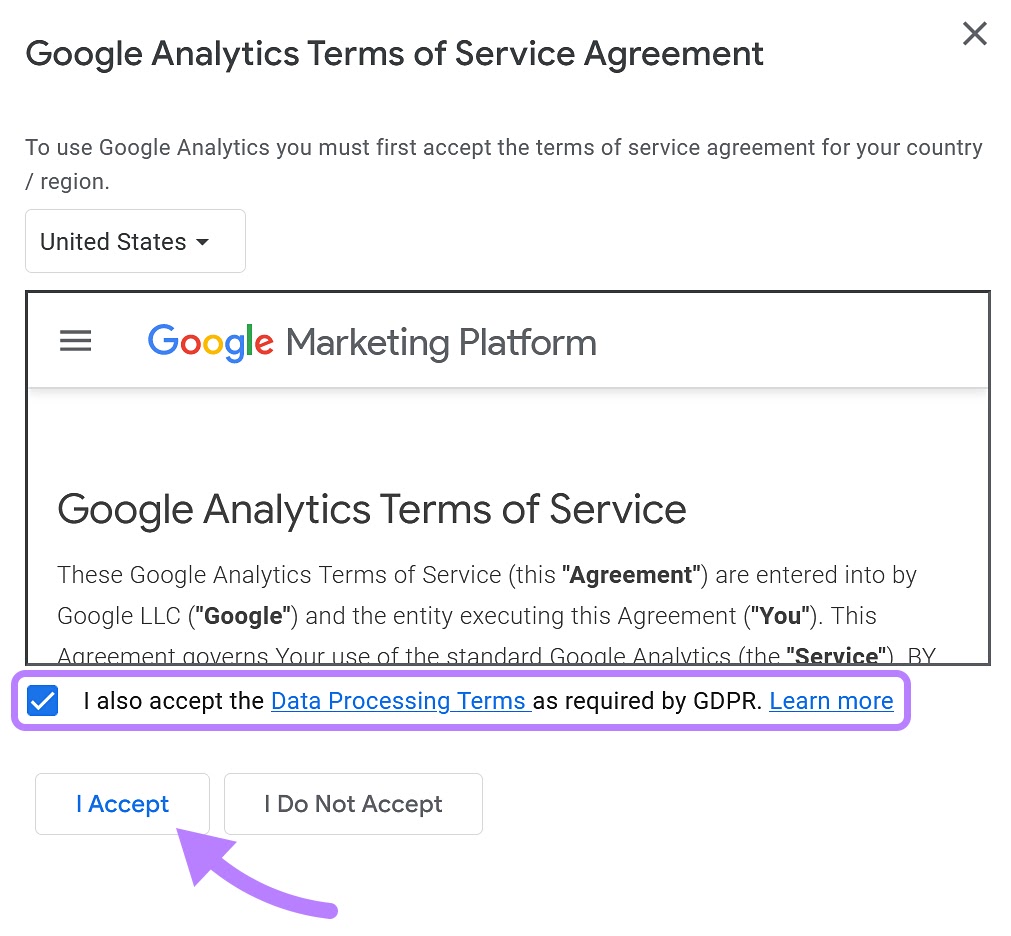 Accept Google Analytics Terms of Service Agreement
