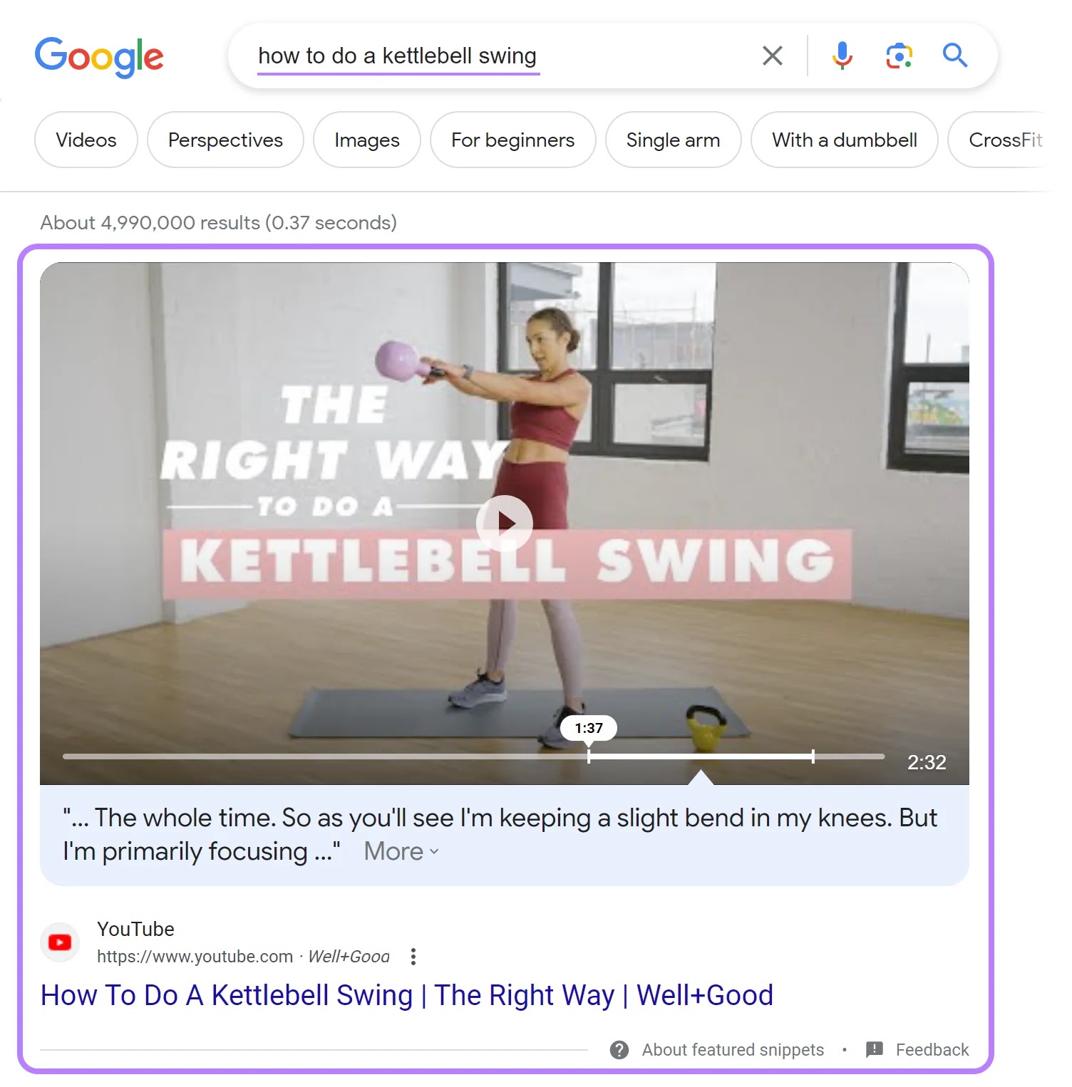 A video featured snippet conception  for "how to bash  a kettlebell swing" query