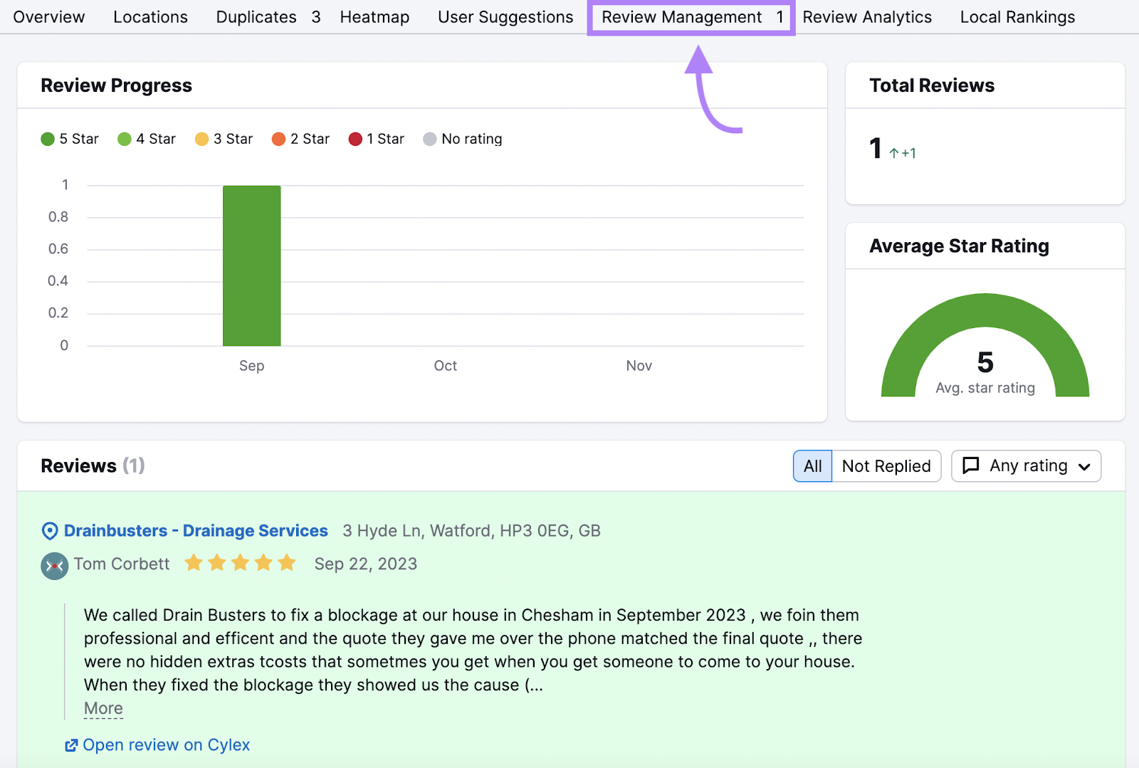 “Review Management” dashboard