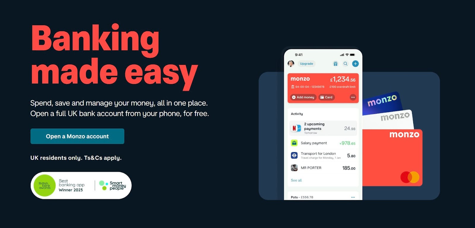 Monzo's ad with "Banking made easy" copy