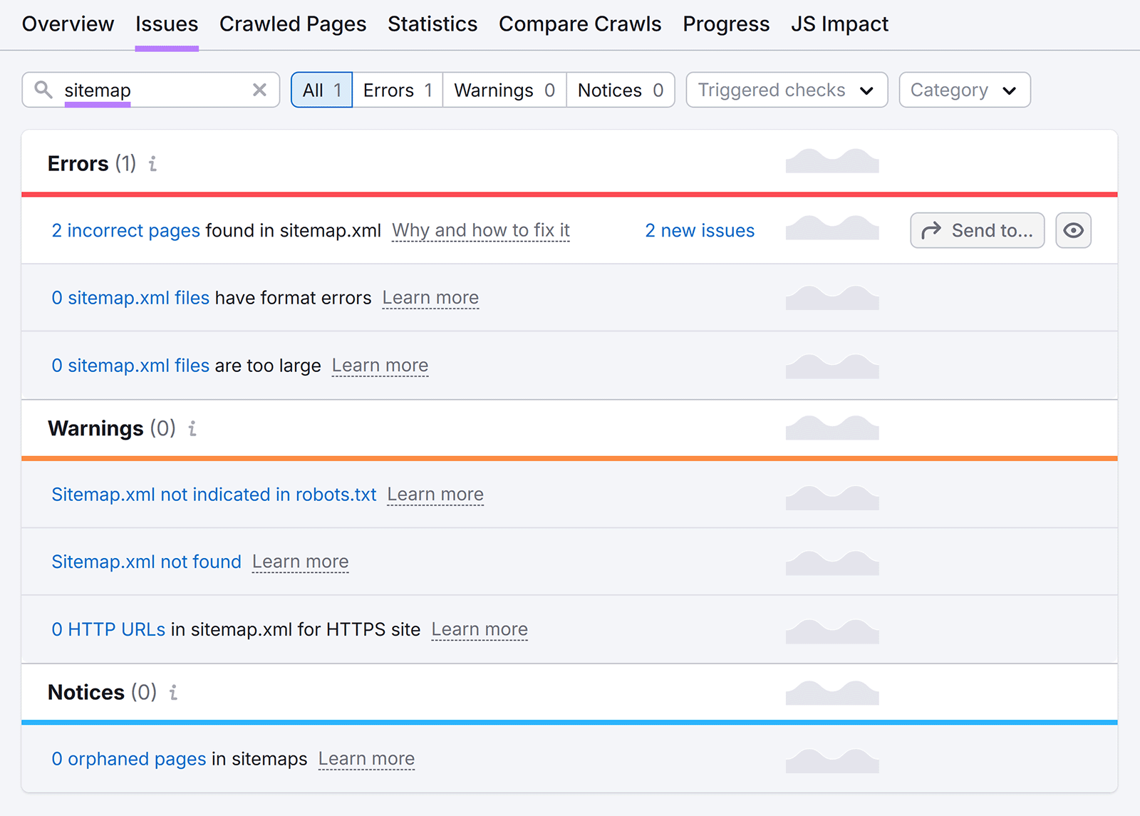 Issues tab, with “Issues” highlighted, “sitemap” typed and highlighted, and the list of Sitemap issues showing