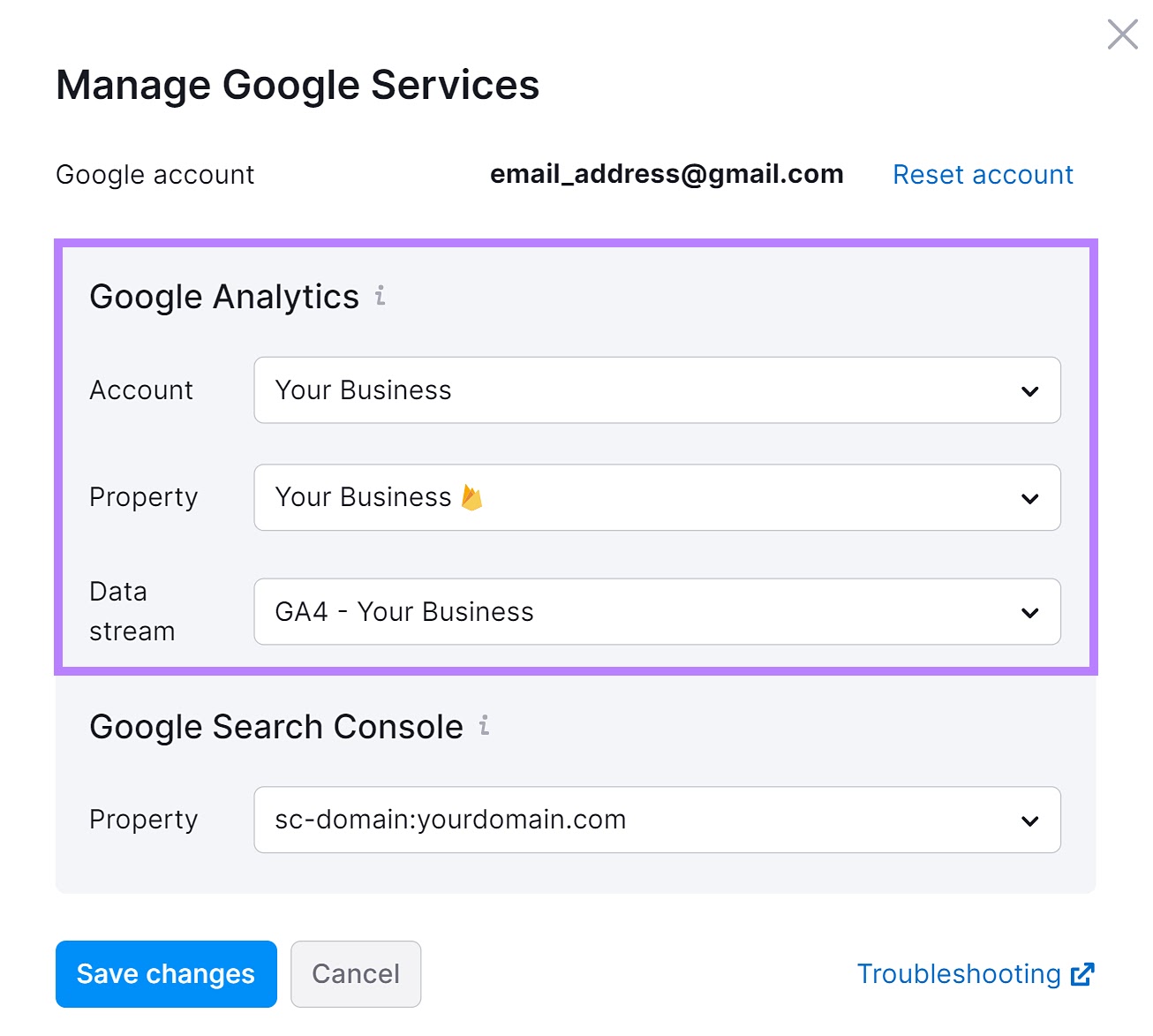 Organic Traffic Insights "Manage Google Services" window showing the GA account, property and data stream settings.