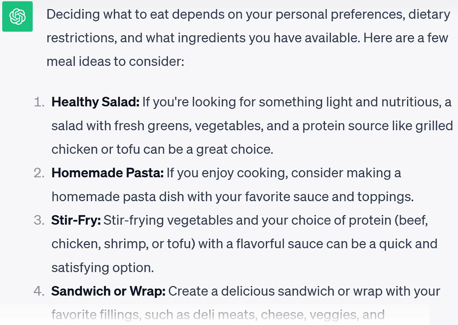 ChatGPT's response to “What should I eat today?” query