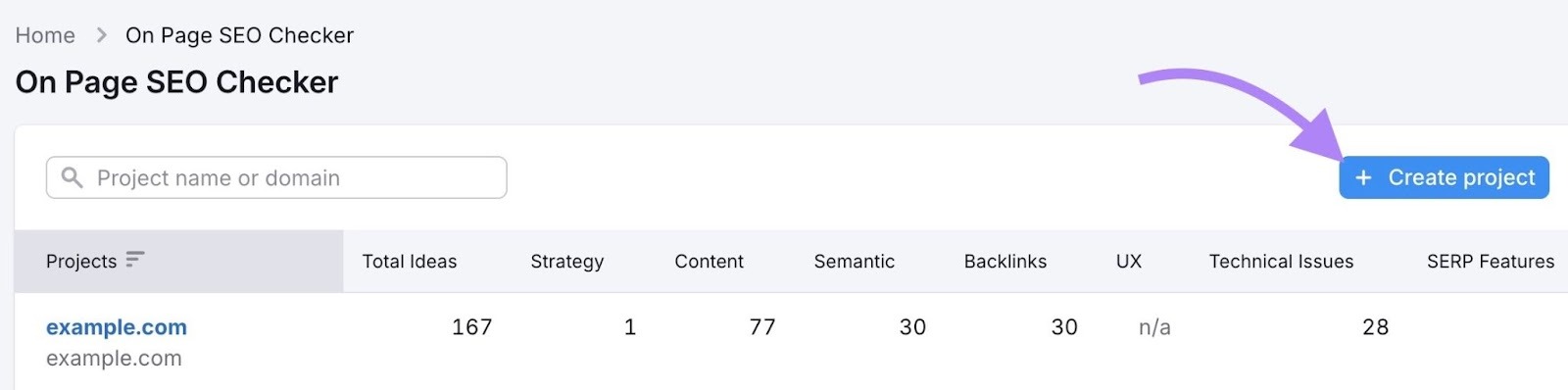 Na página inicial do verificador de SEO na página "+ Criar projeto", cliquei em "+ Criar projeto".