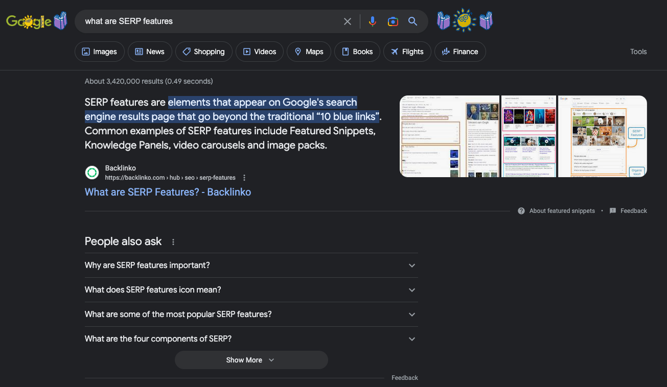 An example of a search results page with two search features: a featured snippet, answering the question, "what are SERP features?" and a People Also Ask box.