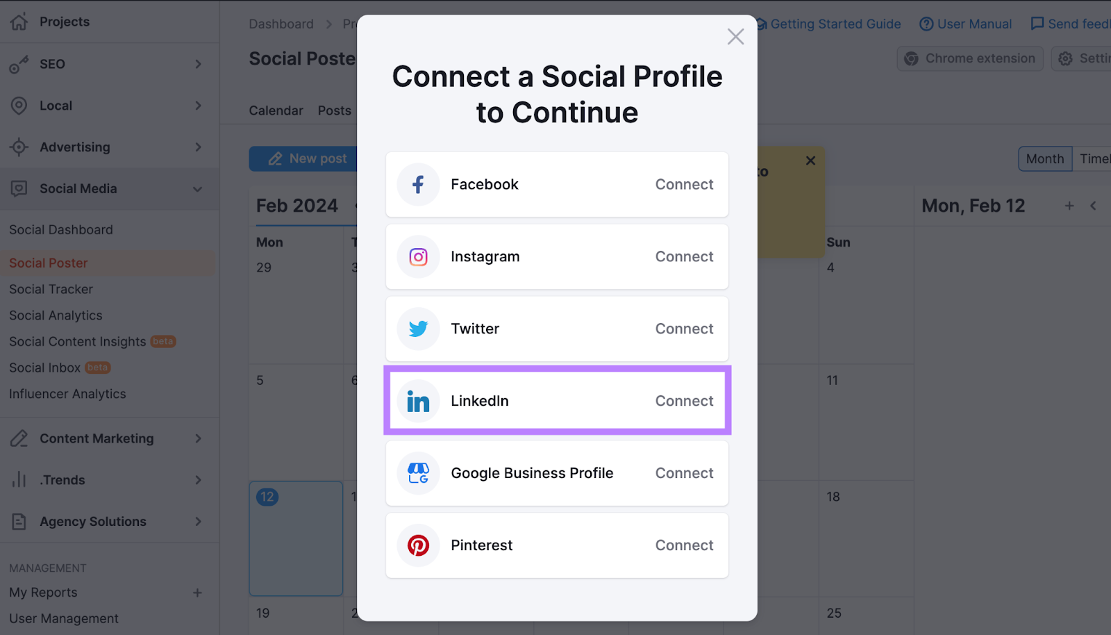 "LinkedIn" selected under "Connect a Social Profile to Continue" pop-up window