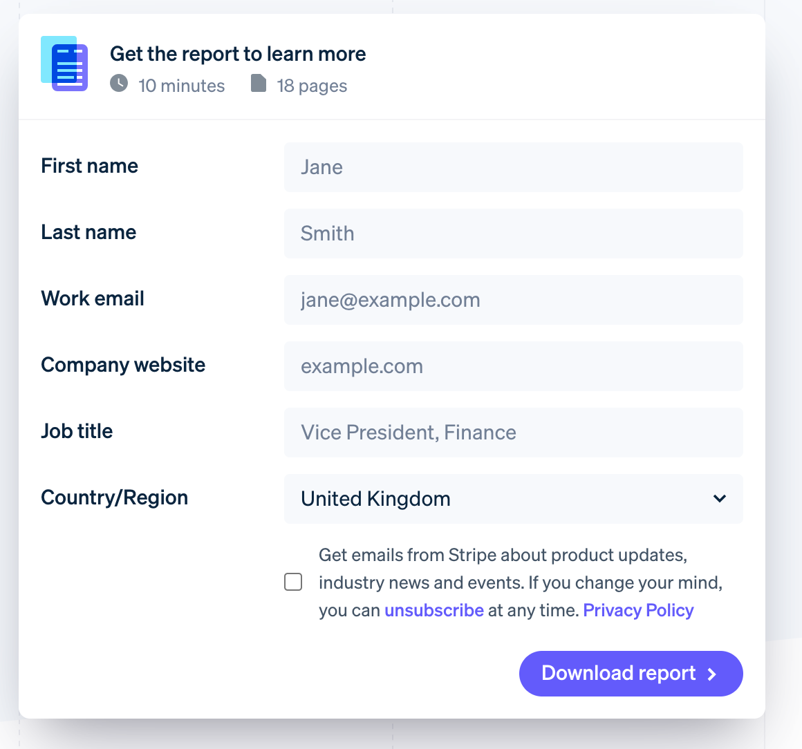 "Get the report to learn more" lead capture form from Stripe's website
