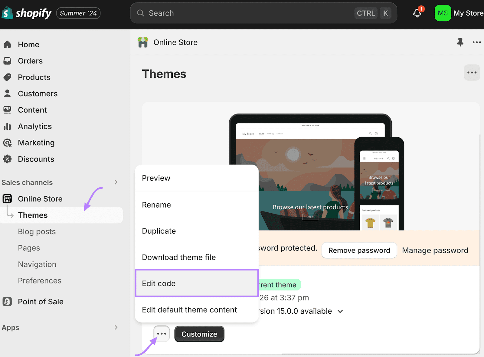 Shopify interface showing the "Themes" section, with a dropdown menu highlighting the "Edit code" option