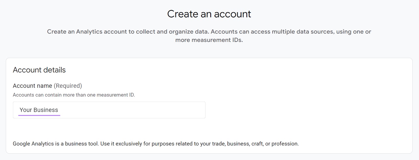 A “Create an account” page in GA4