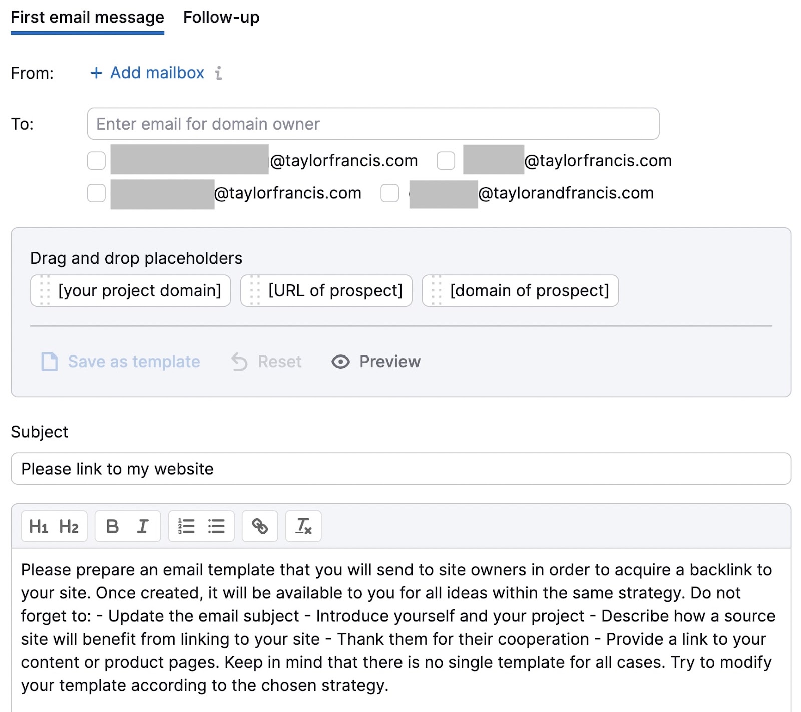 An email window in Link Building Tool