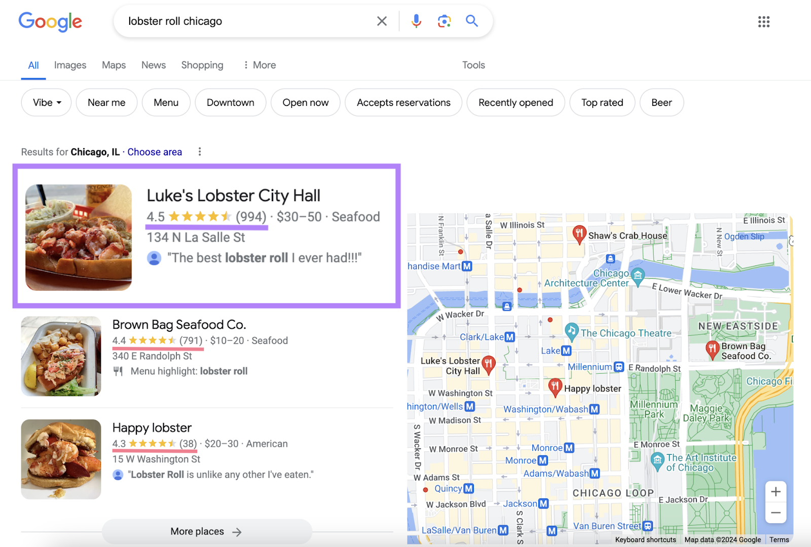 Die Suche nach Lobster Roll Chicago hat die besten lokalen Ergebnisse mit den meisten Bewertungen und der höchsten Bewertung hervorgehoben