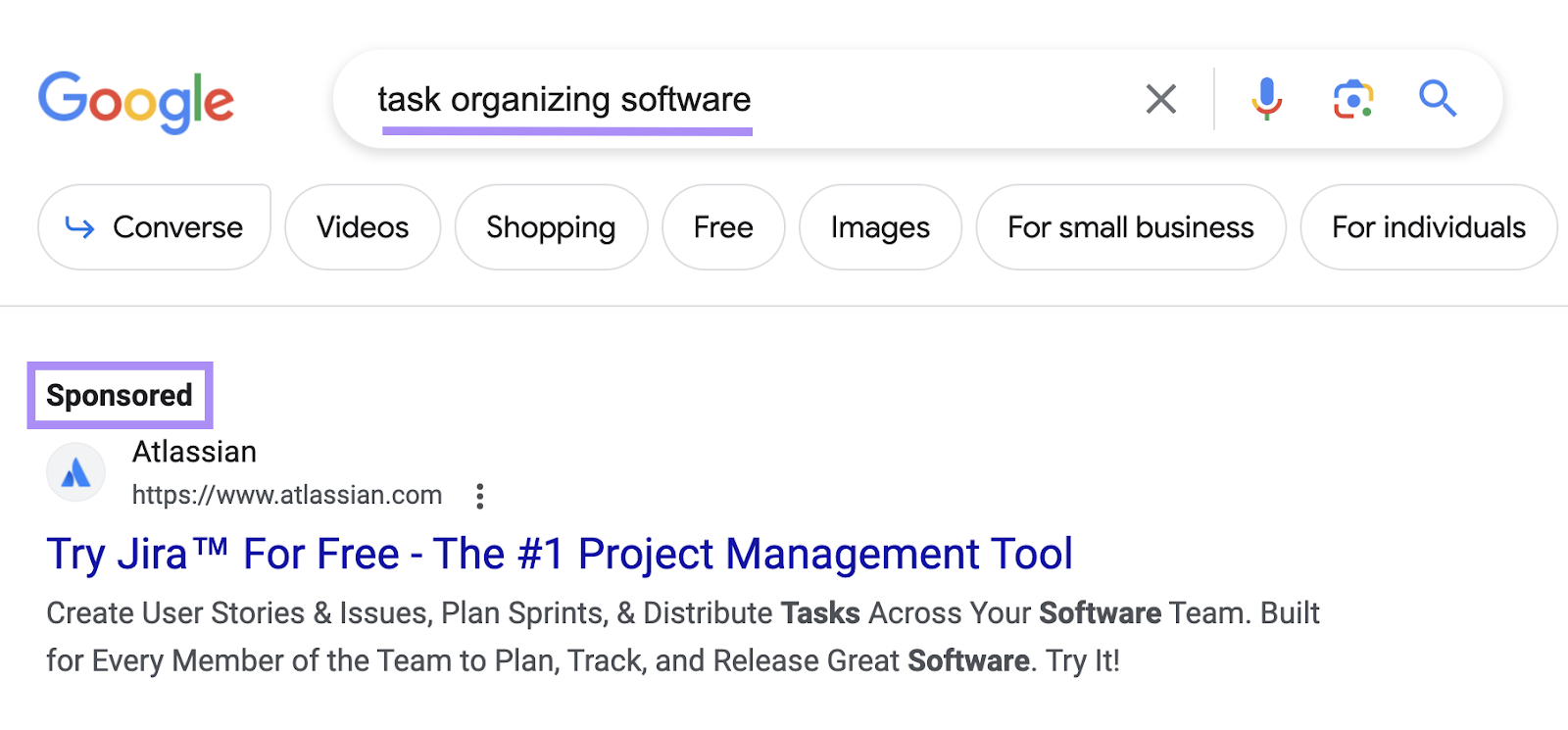 A PPC advertisement  connected  Google for the word  "task organizing software"