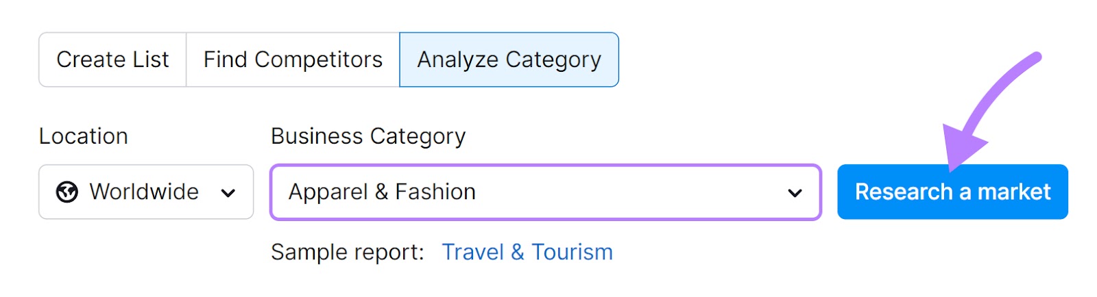"Apparel & Fashion" category selected, with "Research a market" button highlighted
