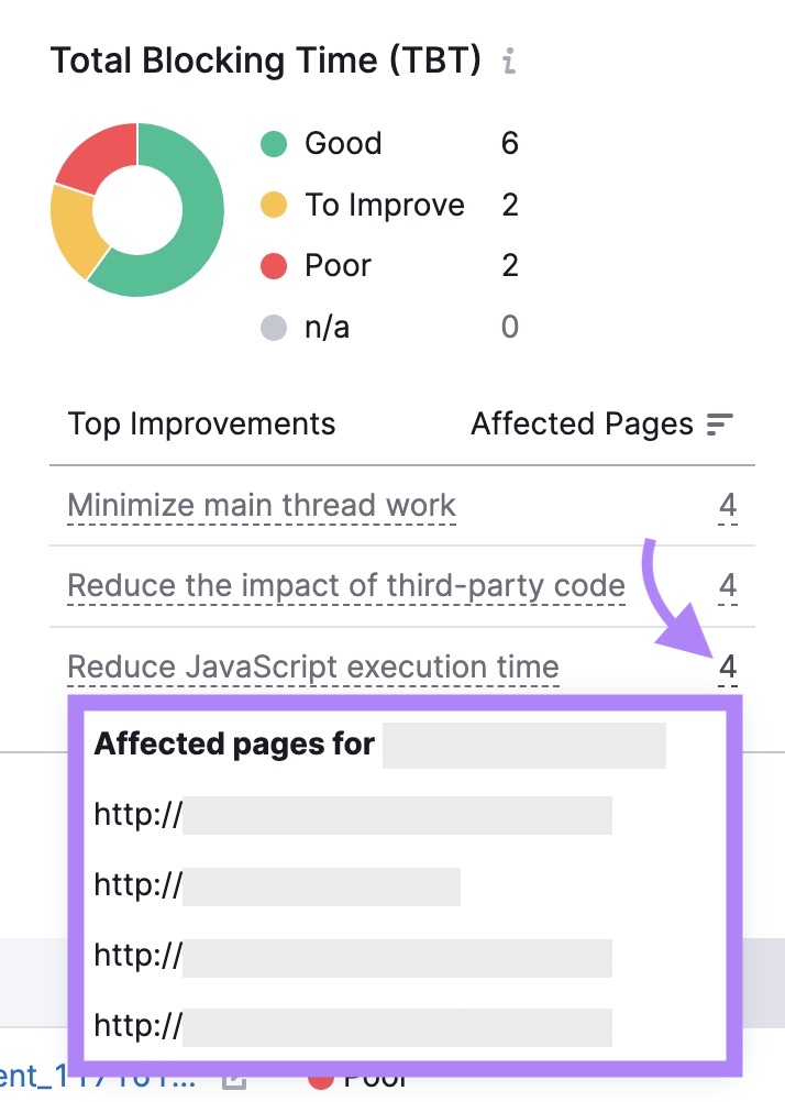 Clicking on the number under the “Affected Pages” column on TBT for a full list of pages with slow JavaScript execution.