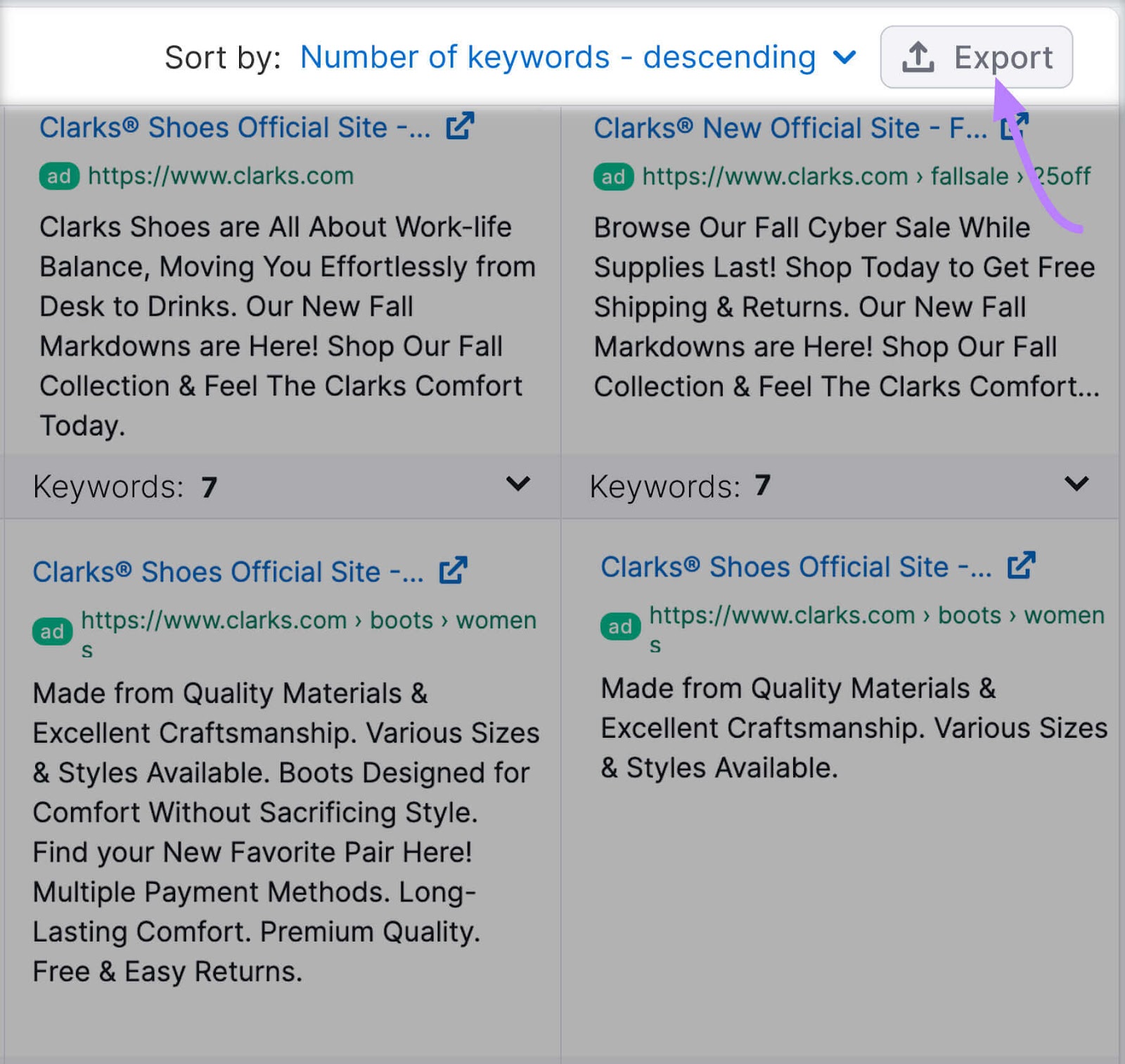 "Export" fastener  highlighted successful  "Ads Copies" tab