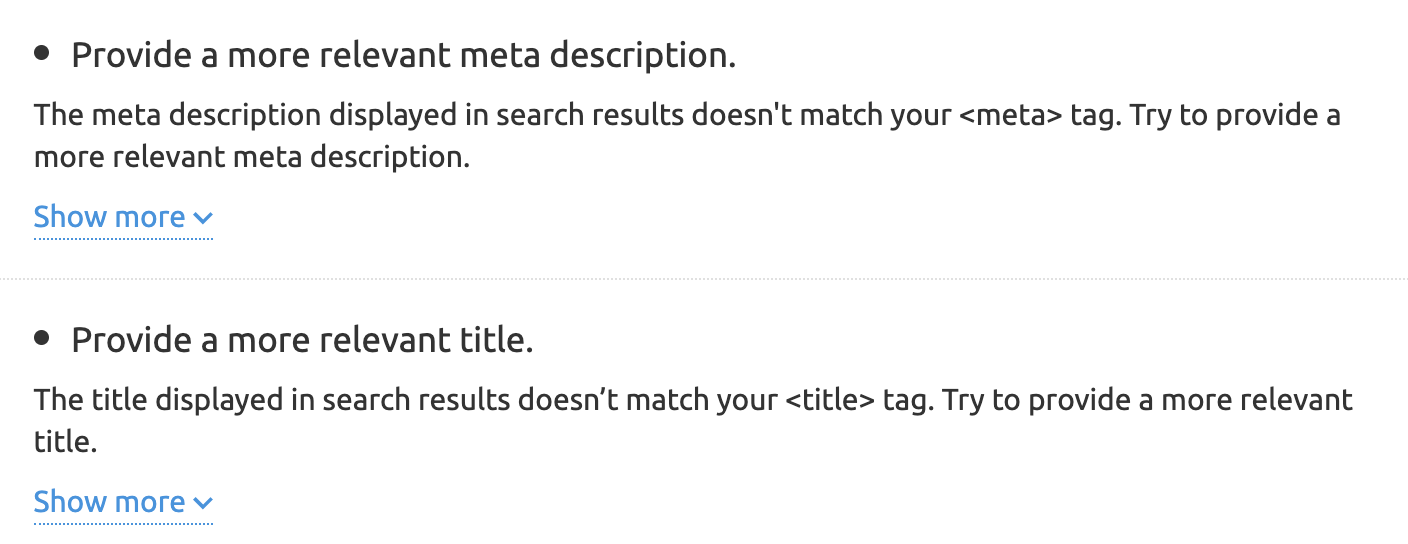 "Provide a more relevant meta description," and "Provide a more relevant title" ideas