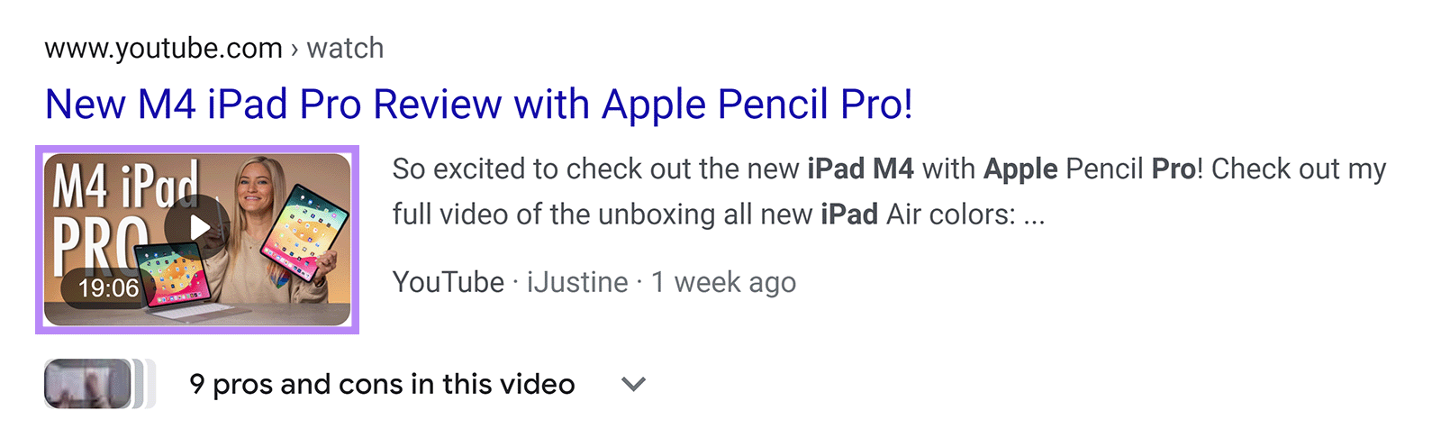 Google search result for iPad Pro Review showing catchy thumbnail by iJustine.