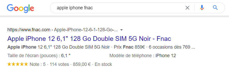 résultat Google avec rich snippet produit