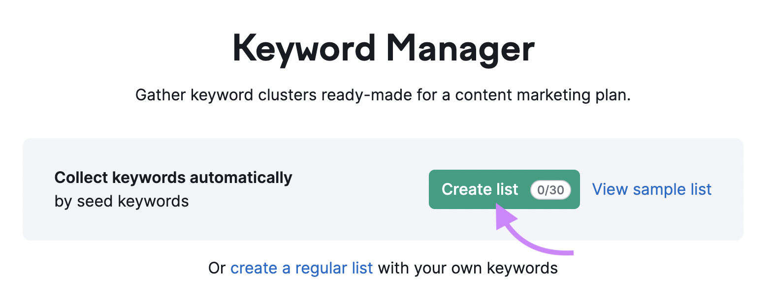 Create a list in Keyword Manager tool