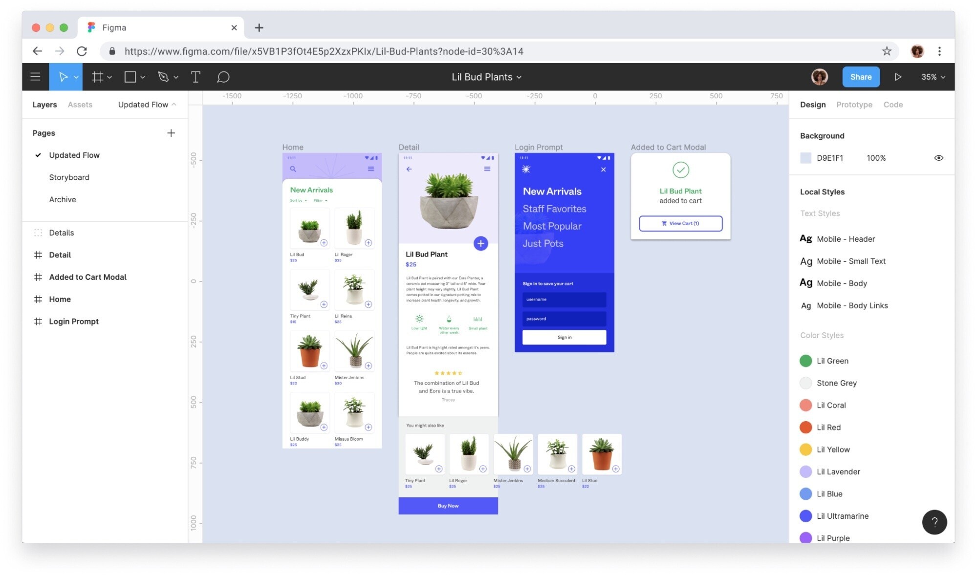 Figma’s collaborative design platform helps teams design the home, detail, and login pages of a website’s mobile version
