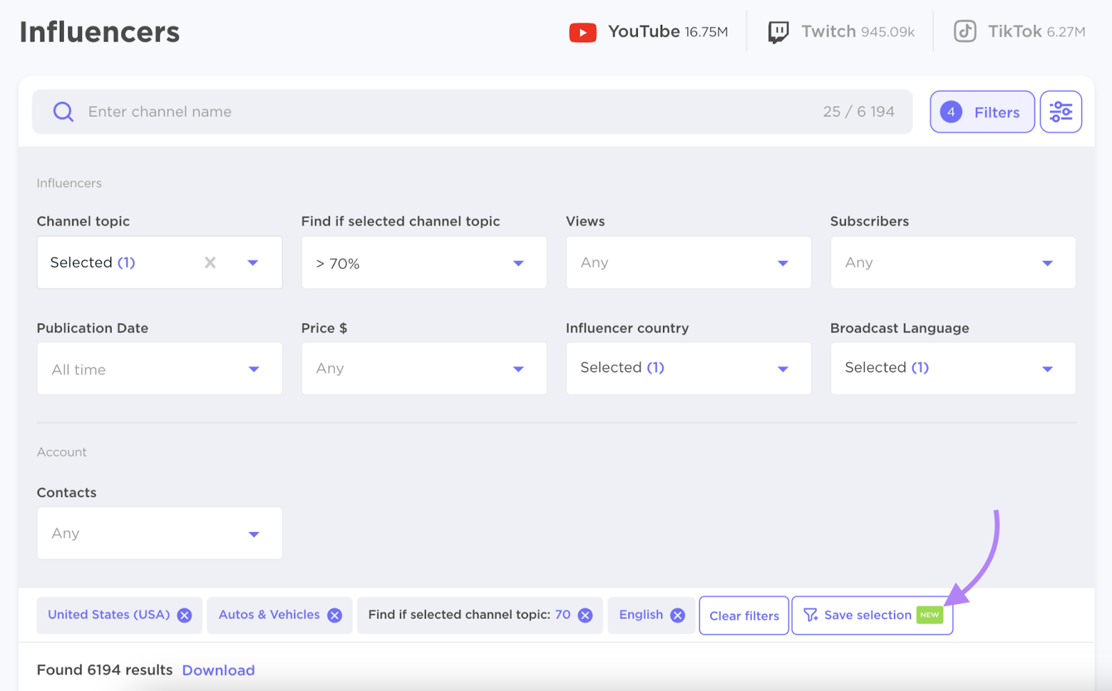 Influencers filters page