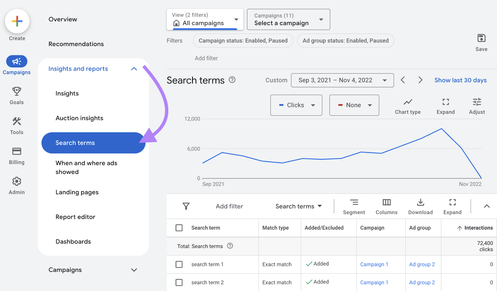 navigate to search terms report