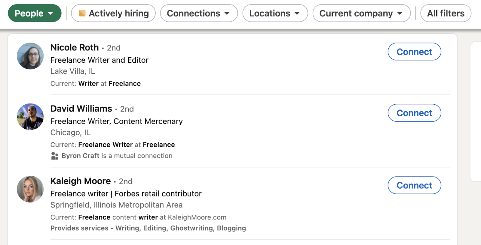LinkedIn results for "freelance writer"