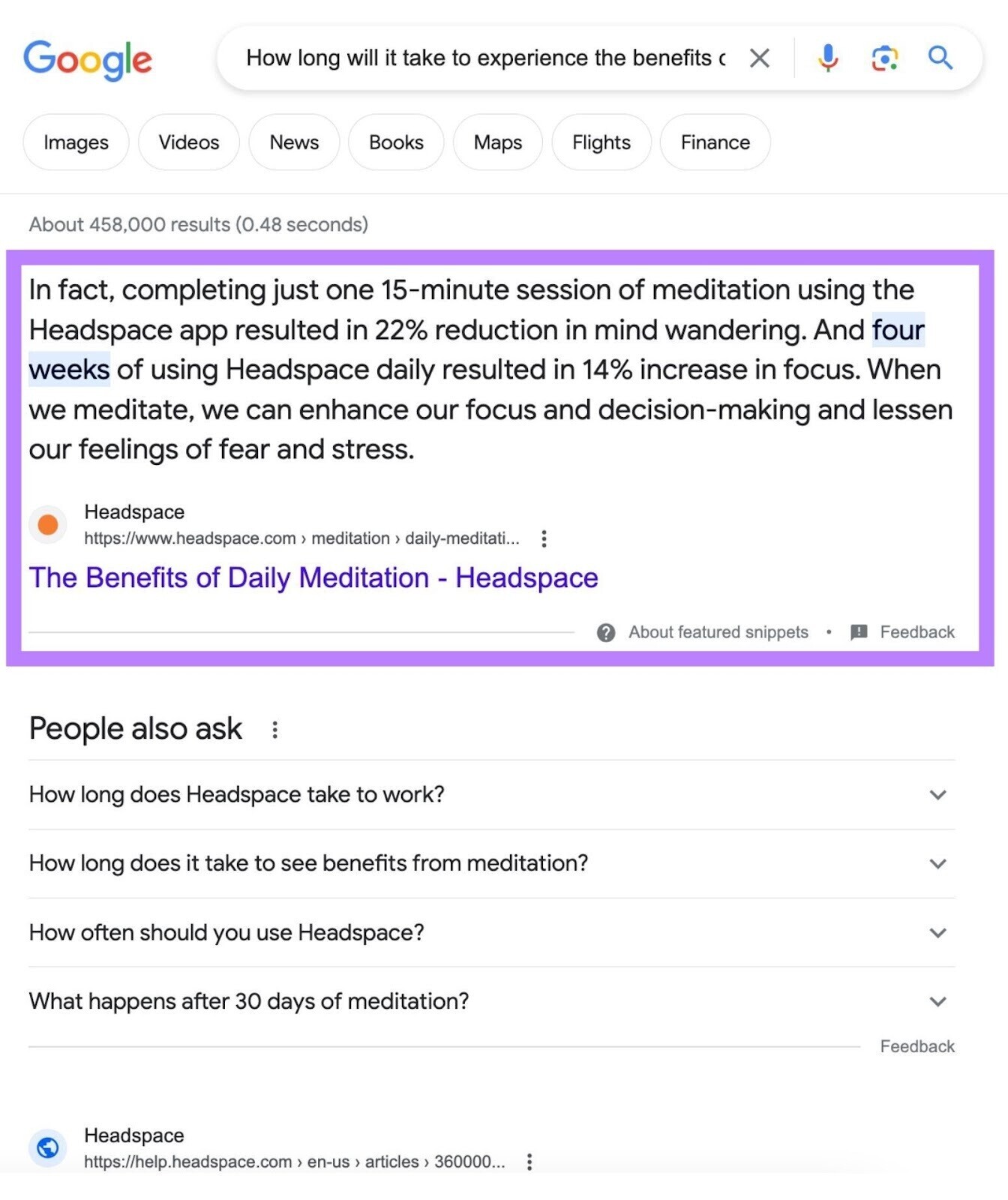 an answer from Headspace’s FAQ page to “How long will it take to experience the benefits of meditation?” query