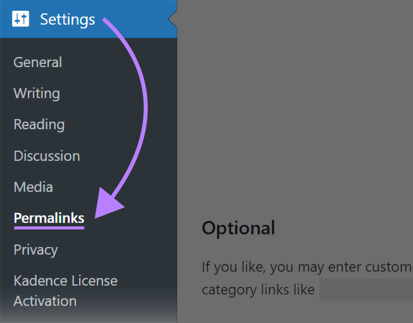 Permalinks button within WordPress's navigation menu