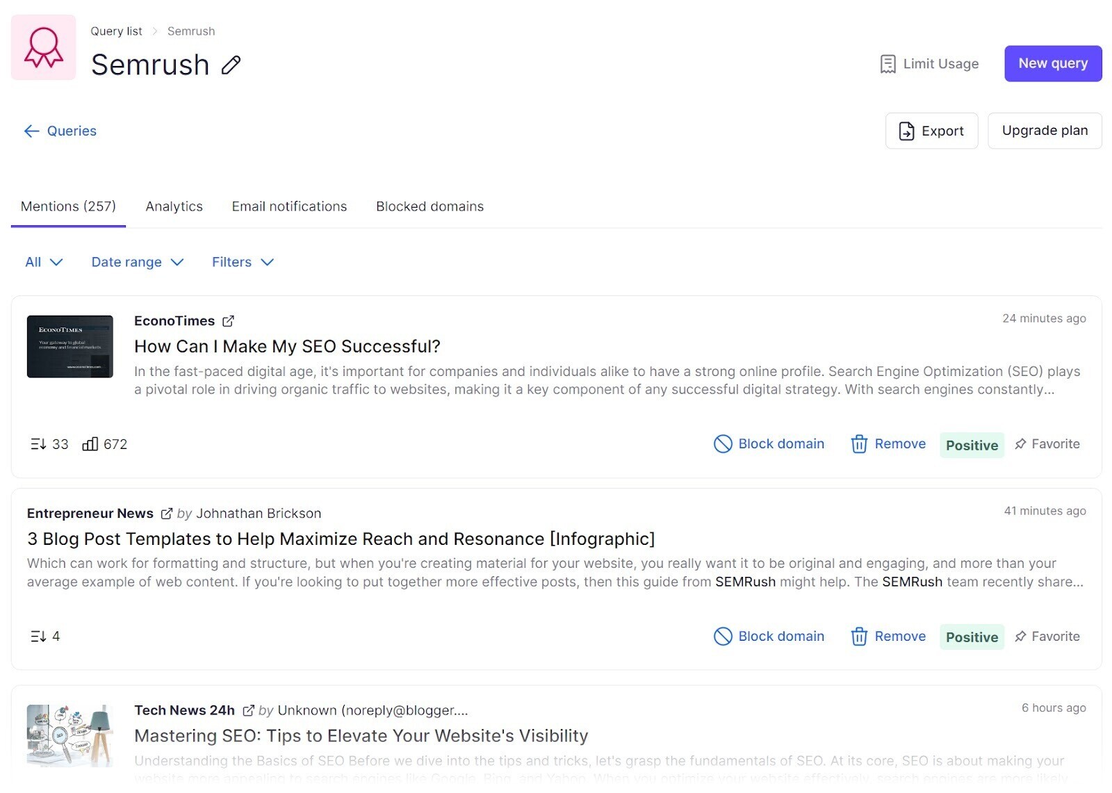 Brand Monitoring app dashboard for "Semrush"