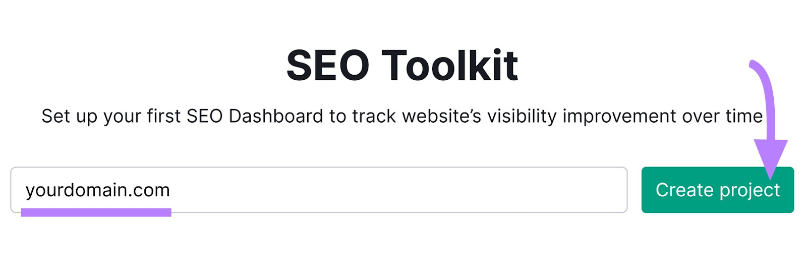 SEO Toolkit start page with a domain entered and "Create project" clicked.