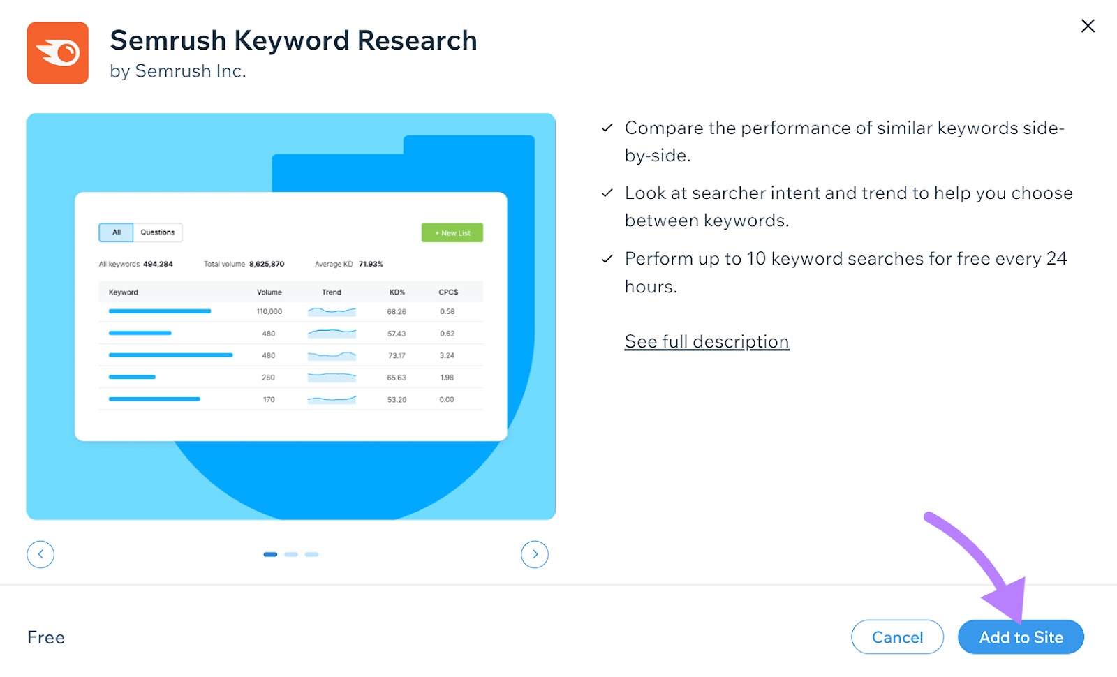 add Semrush Keyword Research to site
