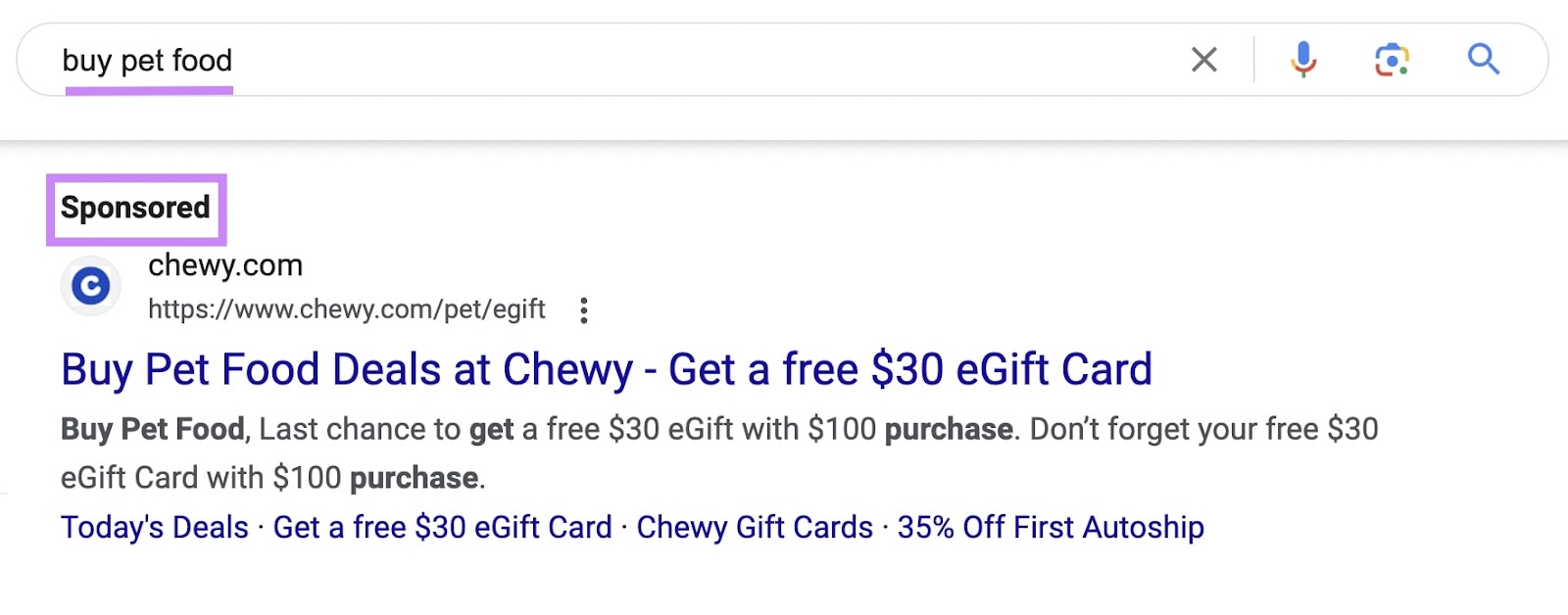 Google ad for the “buy pet food" keyword