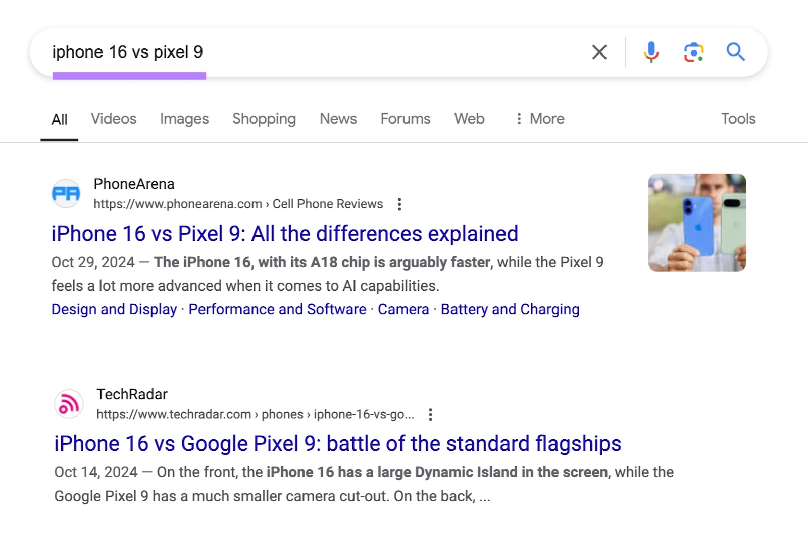 Google SERP with “iphone 16 vs pixel 9” entered as the keyword with the results suggesting informational search intent.