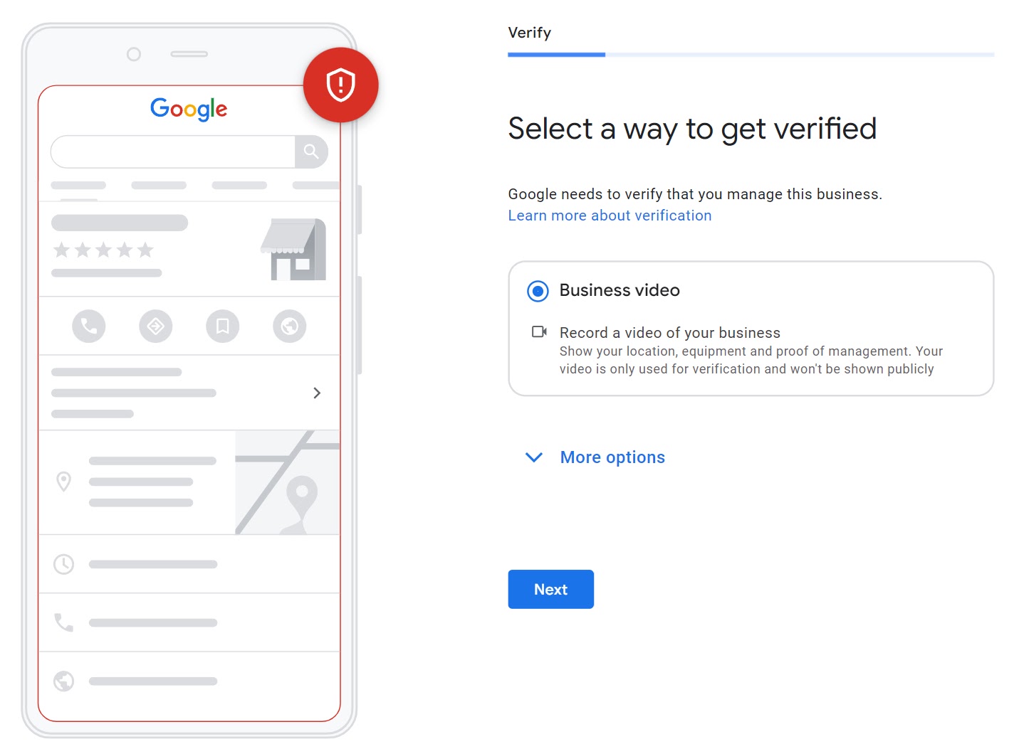 "Select a way to get verified" window in setting up GBP