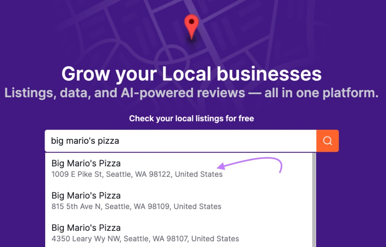 searching for "big mario's pizza" in the Listing Management tool