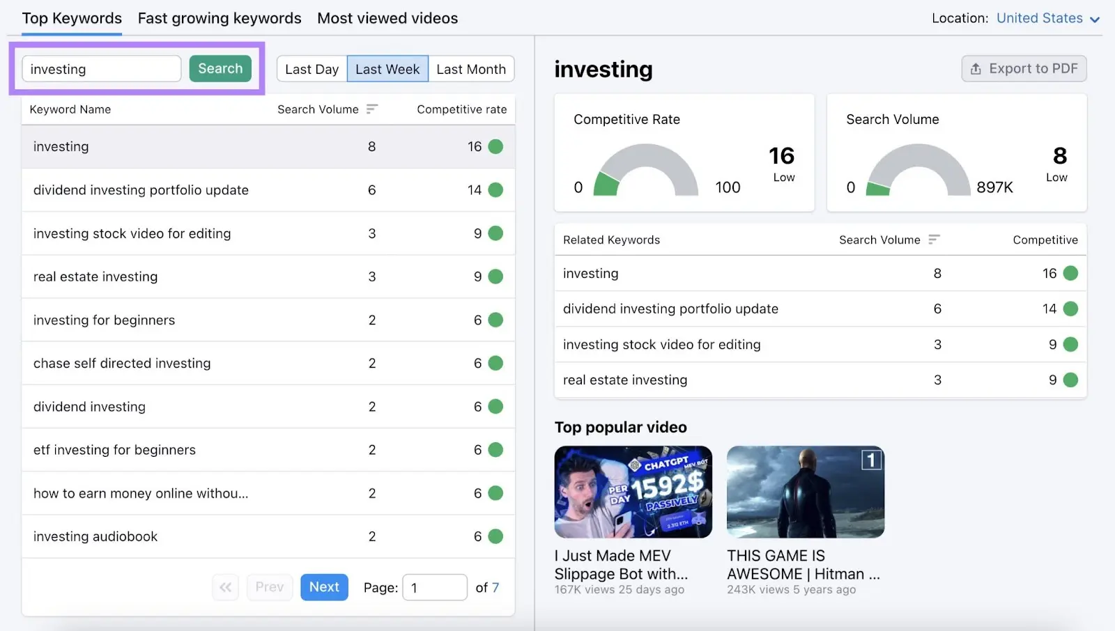 'investing' typed into search field and highlighted