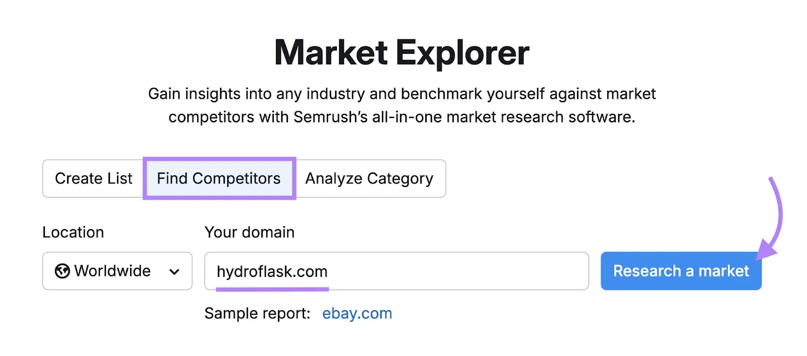 Market Explorer tool start with "hydroflask.com" entered as the domain, "Find Competitors" selected, and, "Research a market" clicked.